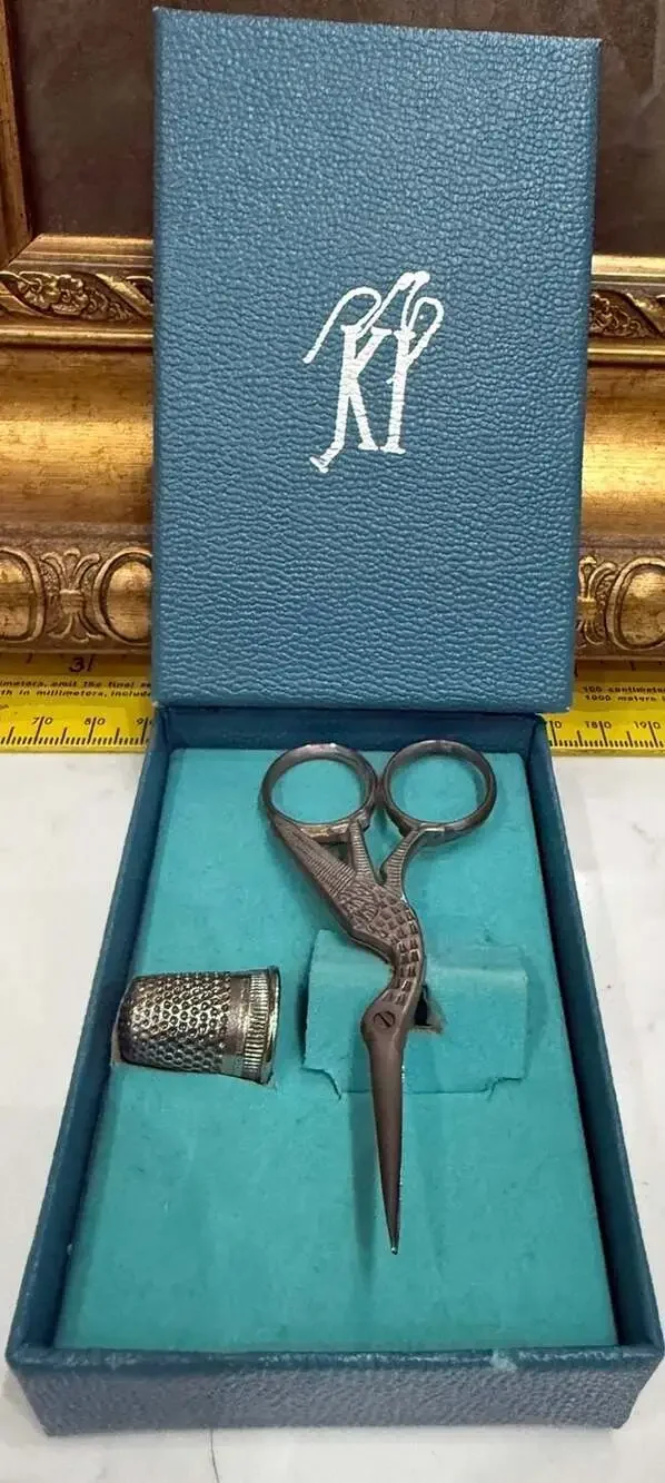 Vintage Stork Embroidery Scissors and Thimble Sewing Set, Made in Italy